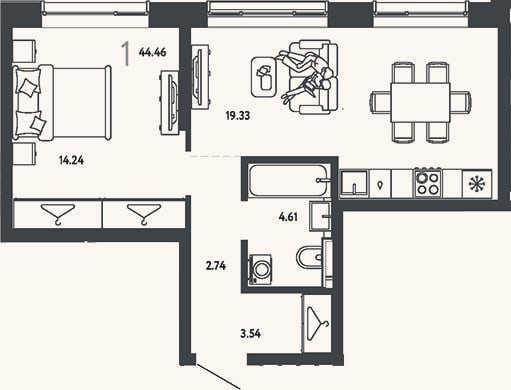 Планировка: 1-к, 44,5 м²
