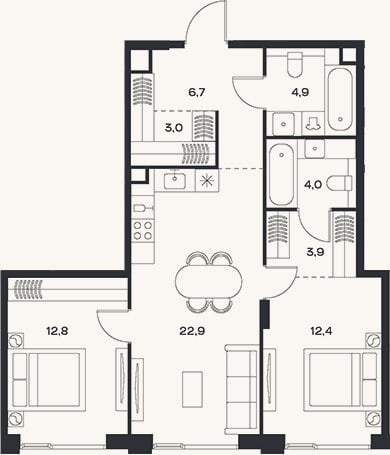 Планировка: 3-к, 70,6 м²