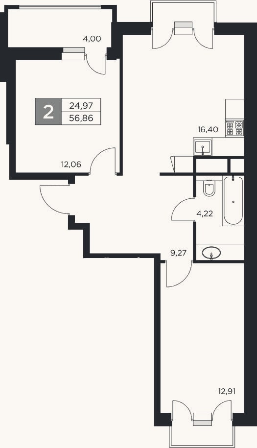 Планировка: 3-к, 54,9 м²