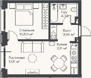 Планировка: 2-к, 39,7 м²
