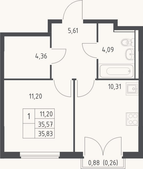 Планировка: 1-к, 35,6 м²