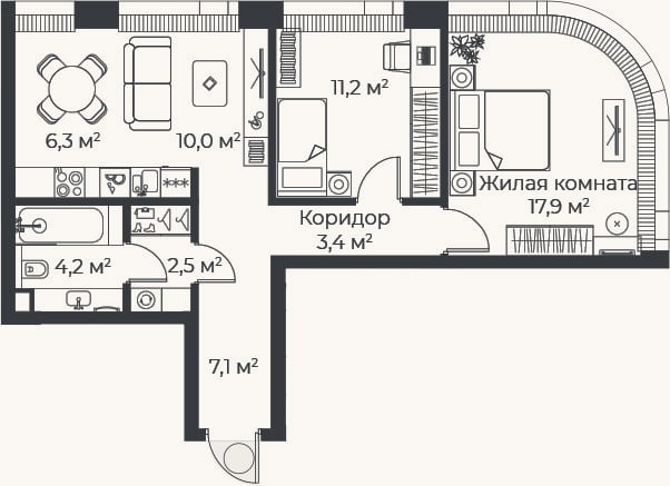 Планировка: 3-к, 62,6 м²