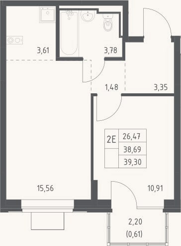 Планировка: 2-к, 38,7 м²
