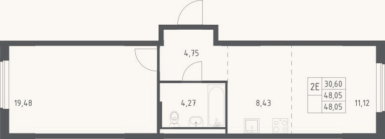Планировка: 2-к, 48,1 м²
