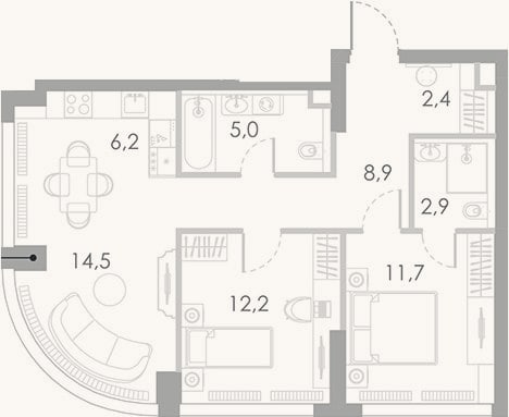Планировка: 3-к, 63,8 м²