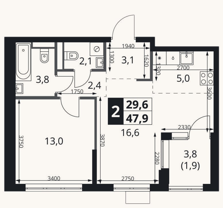 Планировка: 2-к, 46 м²