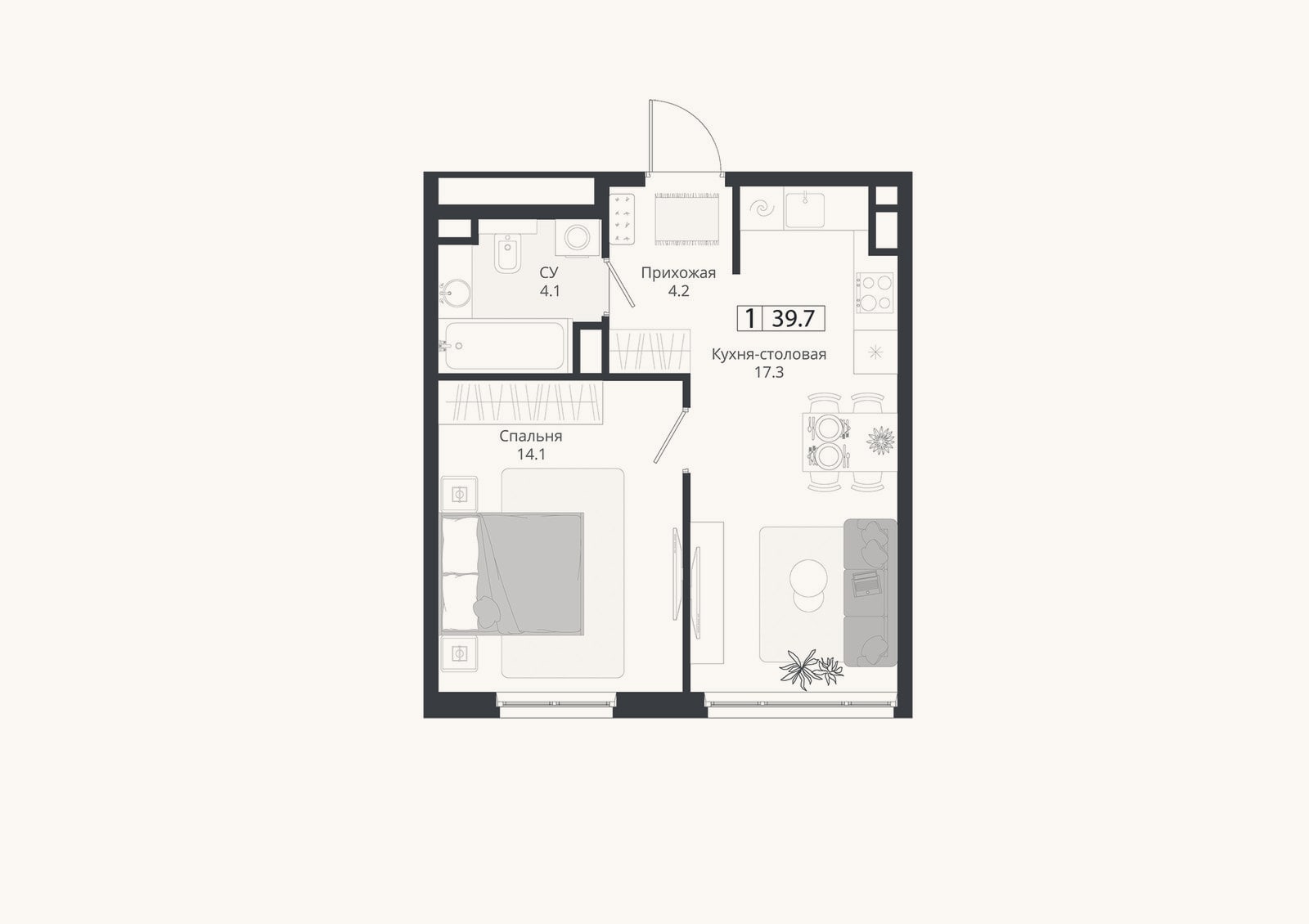 Планировка: 2-к, 39,7 м²