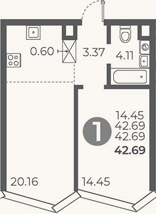 Планировка: 1-к, 42,7 м²