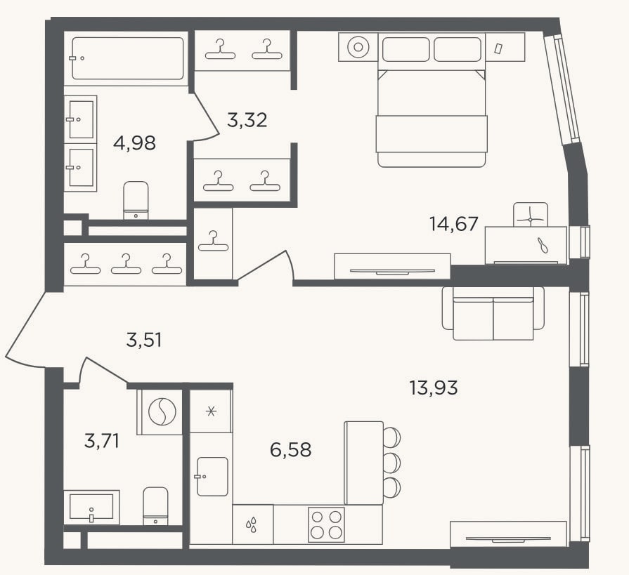 Планировка: 2-к, 50,7 м²