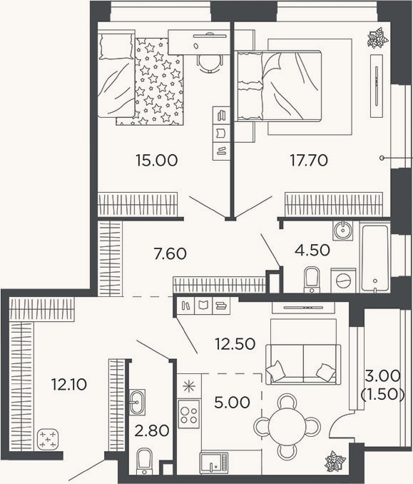 Планировка: 3-к, 77,2 м²