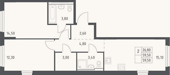 Планировка: 3-к, 59,5 м²