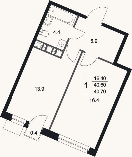 Планировка: 1-к, 40,6 м²