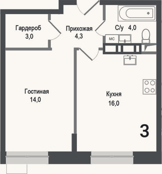 Планировка: 2-к, 41,3 м²