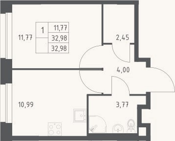 Планировка: 1-к, 33 м²
