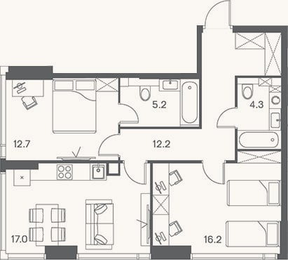 Планировка: 3-к, 67,6 м²