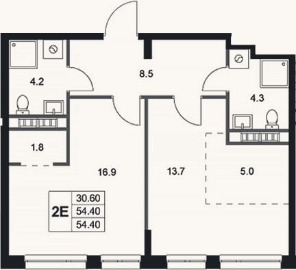 Планировка: 2-к, 54,4 м²