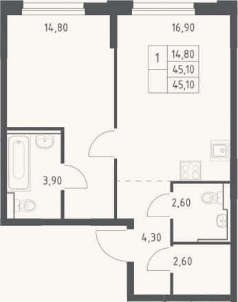 Планировка: 2-к, 45,1 м²