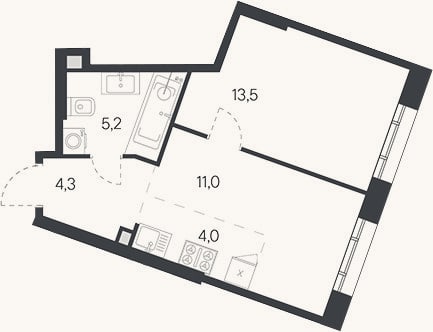 Планировка: 2-к, 38,5 м²