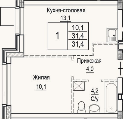 Планировка: 2-к, 31,4 м²