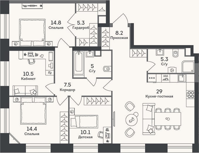 Планировка: 4+ к, 110,1 м²