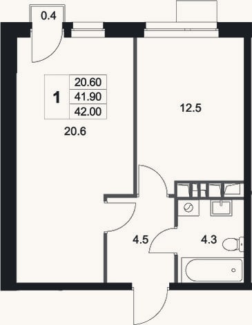 Планировка: 1-к, 41,9 м²