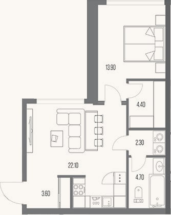Планировка: 1-к, 51 м²
