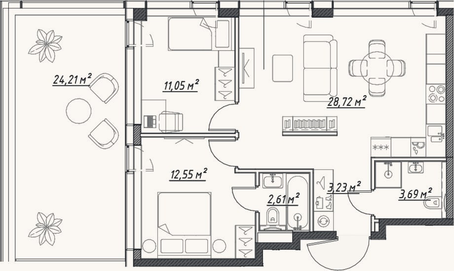 Планировка: 3-к, 61,9 м²