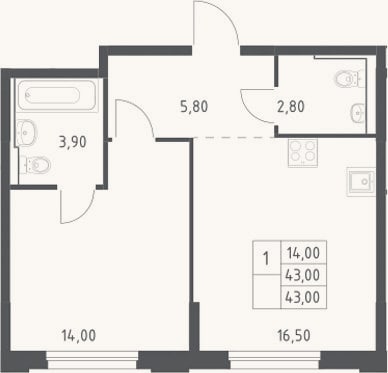 Планировка: 2-к, 43 м²