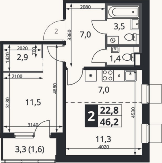 Планировка: 2-к, 44,6 м²
