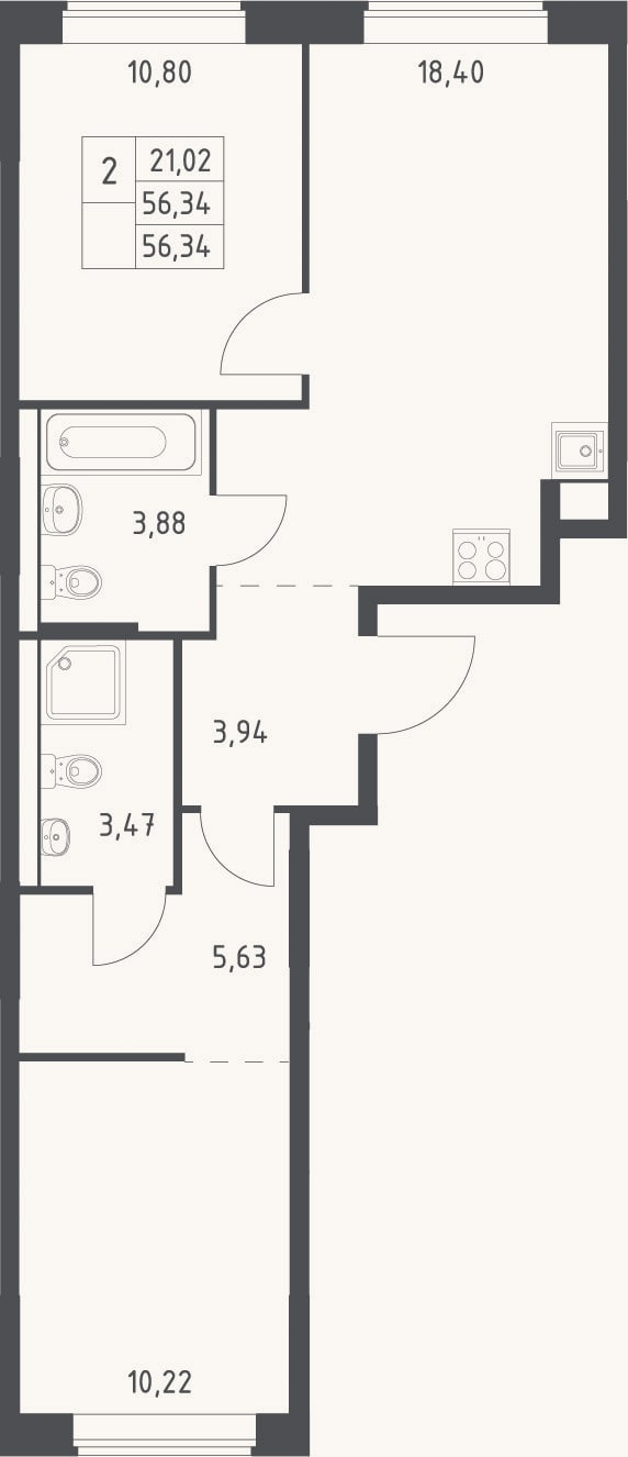 Планировка: 3-к, 56,3 м²
