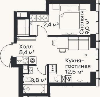 Планировка: 2-к, 33,1 м²