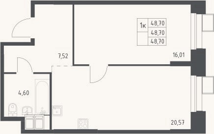 Планировка: 2-к, 48,7 м²