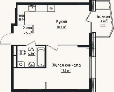 Планировка: 1-к, 42,8 м²