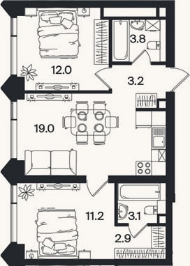 Планировка: 3-к, 55,2 м²