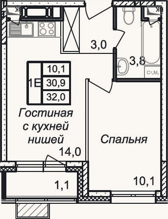 Планировка: 2-к, 30,9 м²