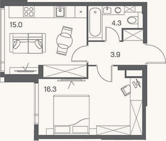 Планировка: 1-к, 39,5 м²