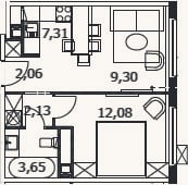 Планировка: 2-к, 36,5 м²