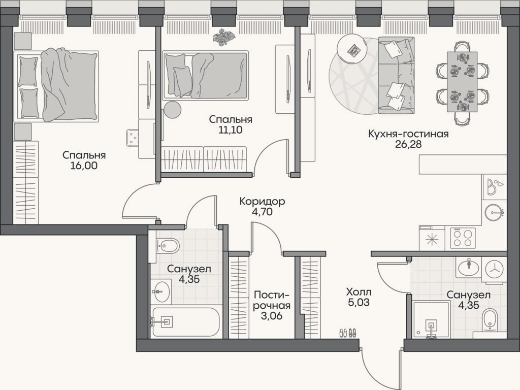 Планировка: 3-к, 72,5 м²