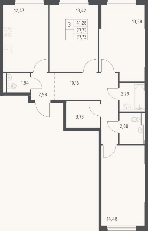 Планировка: 3-к, 77,7 м²