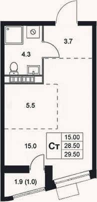 Планировка: Студия, 28,5 м²