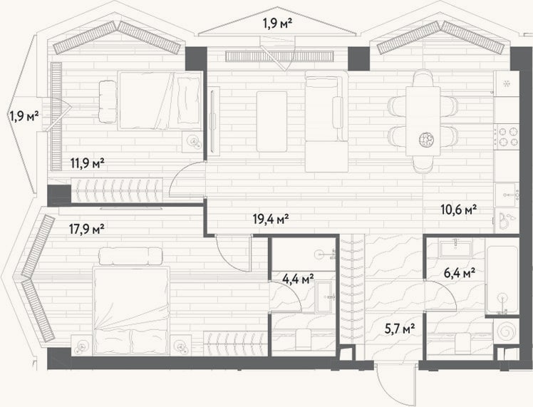 Планировка: 3-к, 77,3 м²