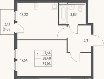 Планировка: 1-к, 38,4 м²