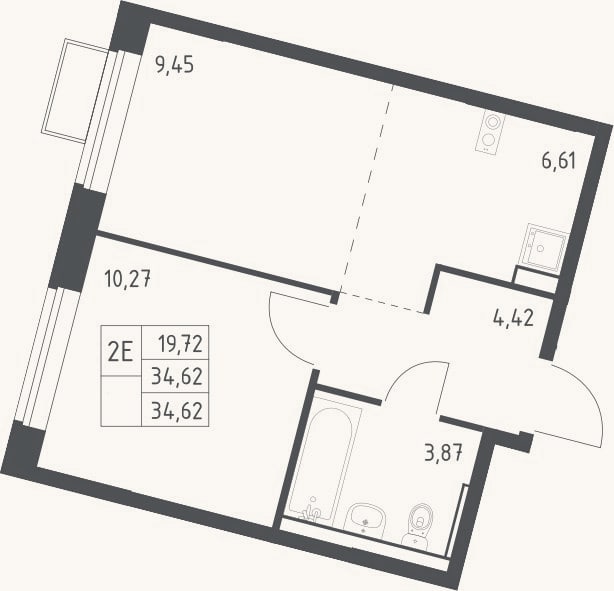 Планировка: 2-к, 34,6 м²
