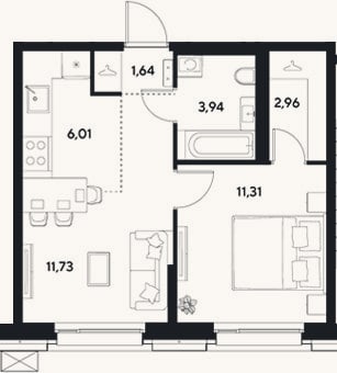 Планировка: 2-к, 37,6 м²