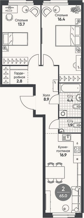 Планировка: 3-к, 65 м²