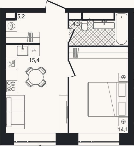 Планировка: 2-к, 39,1 м²