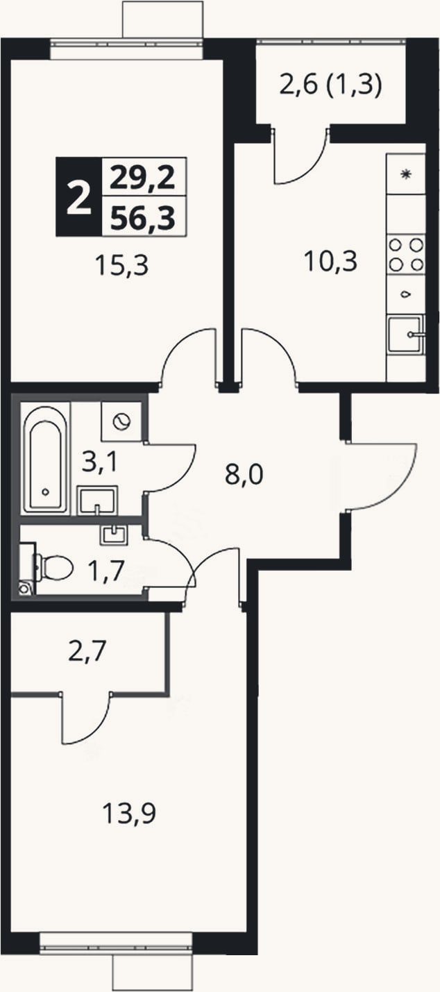 Планировка: 2-к, 55 м²