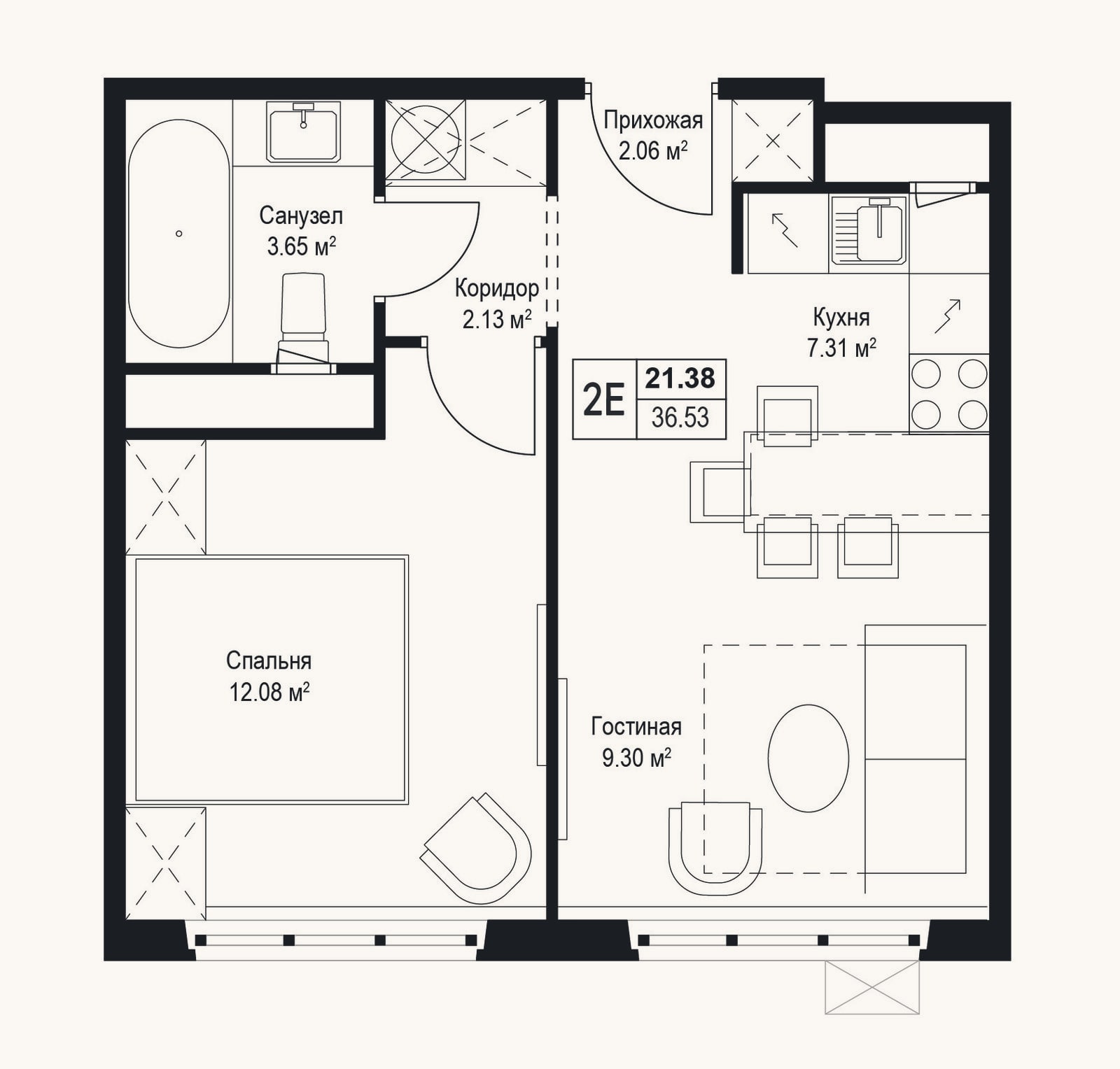 Планировка: 2-к, 36,5 м²