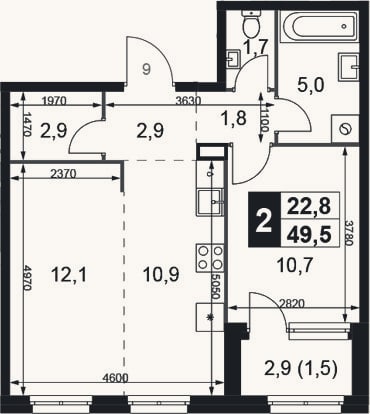 Планировка: 2-к, 48 м²
