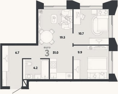 Планировка: 3-к, 51 м²